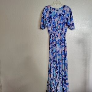 ABEL THE LABEL Floral Smocked Hi Low V Neck Boho Maxi Dress Sz L